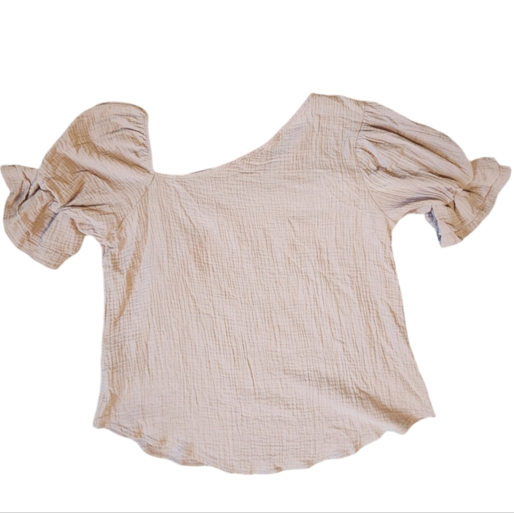Vexy Asymmetrical Neckline Blouse Puff Sleeve